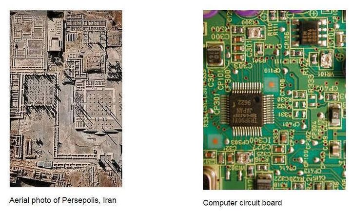 Figure 7.1: Aerial views of ancient sacred sites compared to modern circuit boards. The geometric patterns, pathways, and structural layouts are strikingly similar—the same principles operating at different scales. Ancient temples as macro-circuits; modern chips as micro-temples.
