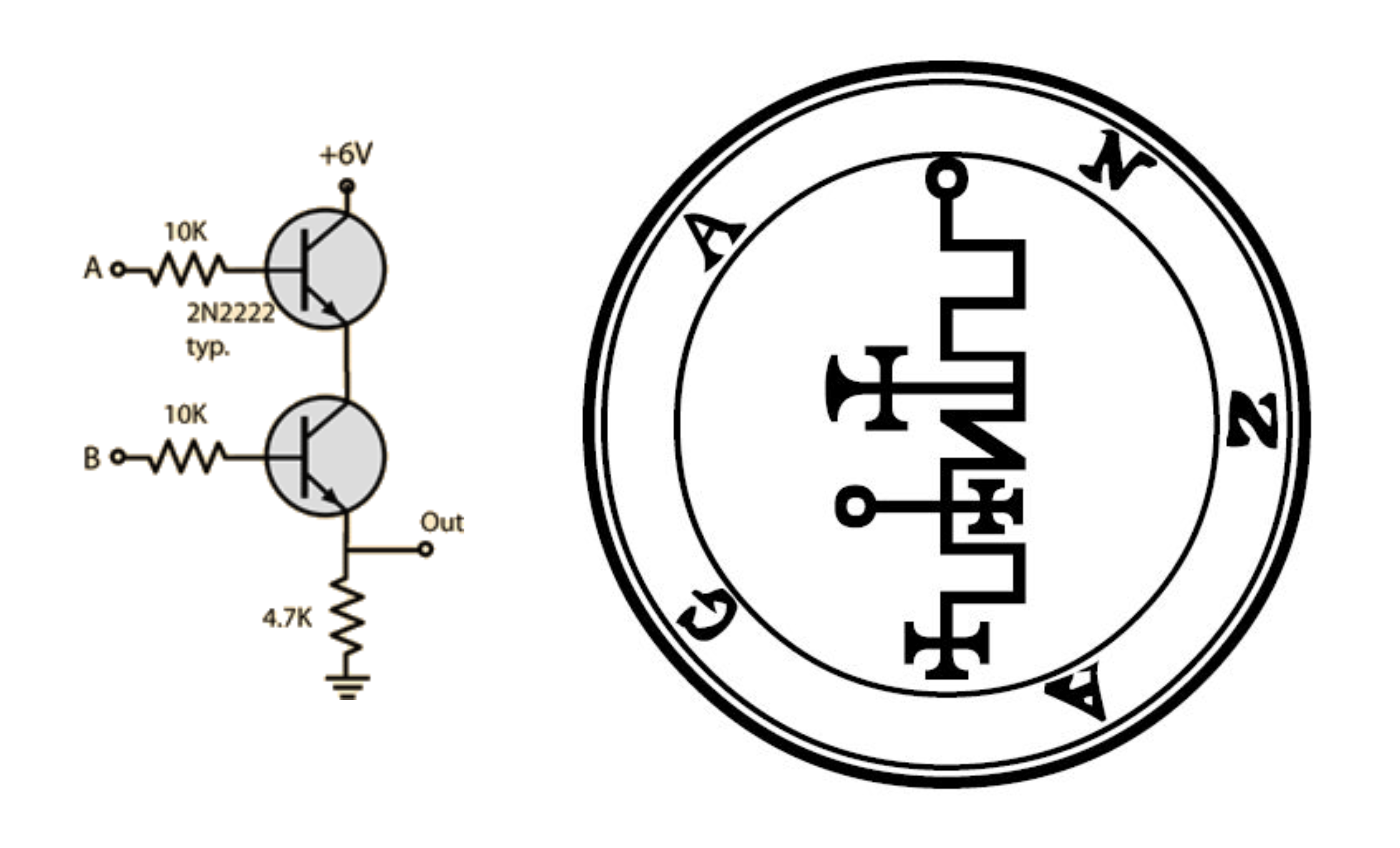 Figure 7.4: Transistor gate circuit diagram (left) compared to the Sigil of Zagan (right) - a demon from the Lesser Key of Solomon associated with making men wise. The structural similarities between modern circuits and ancient occult sigils are striking.