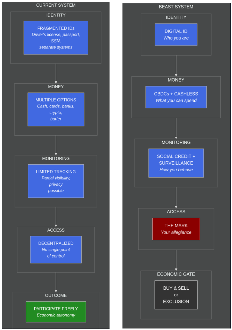 Figure 16.1: The transition from our current fragmented system—where identity, money, and access remain separate and decentralized—to the unified beast system where a single point of control (the mark) governs all economic participation.